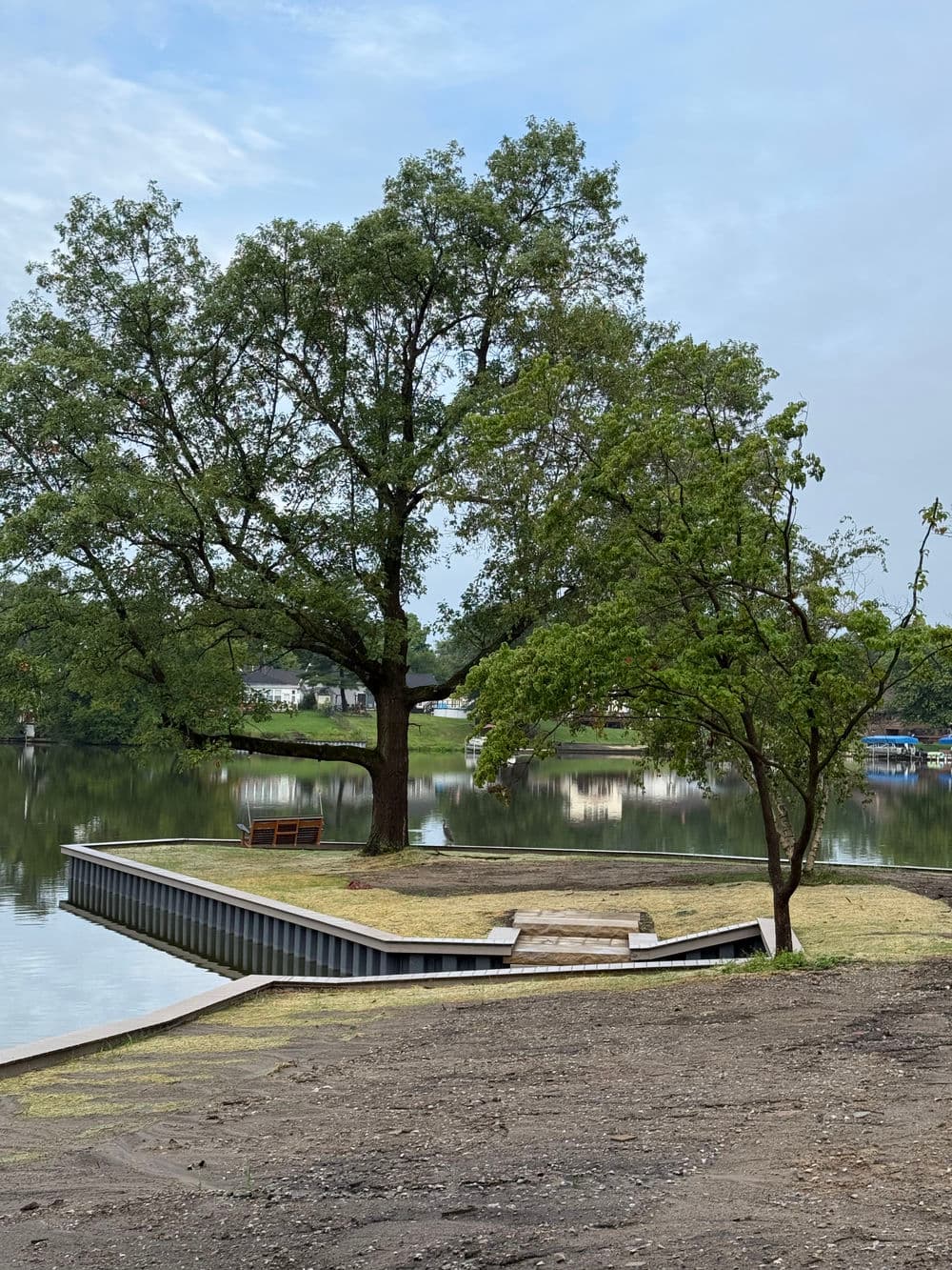 Scenic lakeside view with two trees and a pier next to calm water.